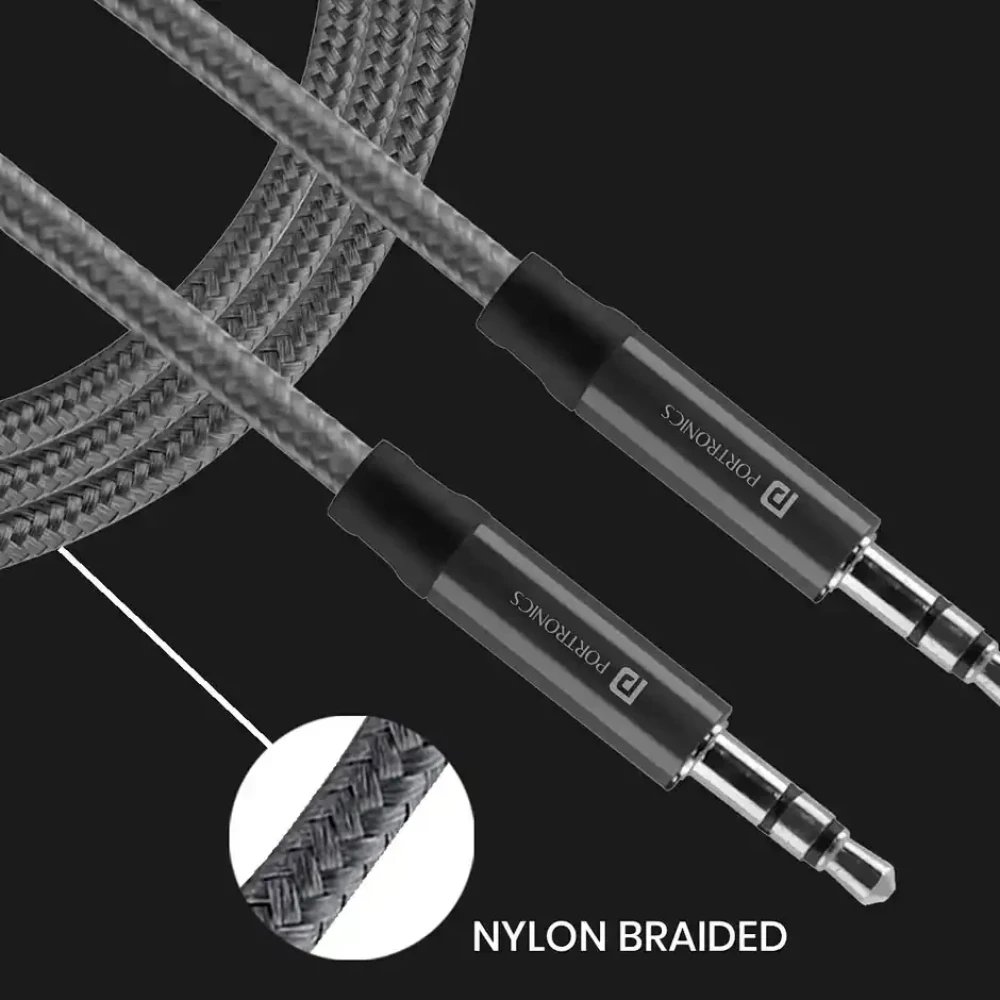 Portronics Aux 5 Stereo Audio Aux Cable 1.5m 3.5mm Metal Head Connectors, Nylon Braided with Universal Compatibility - Grey