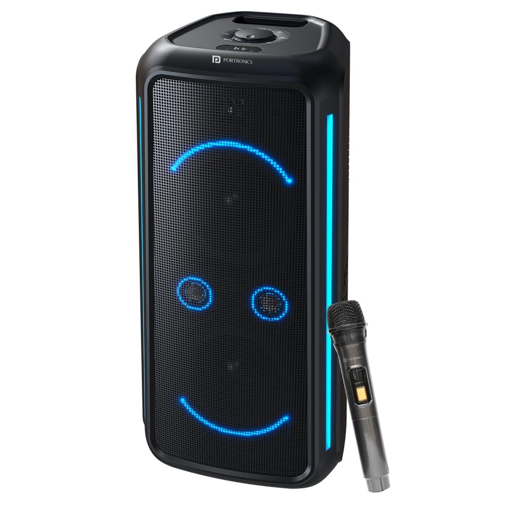 Portronics 250W Iron Beats 5 Prime Wireless Wheeled Party Speaker with Upto 6 Hours Playtime & Wireless Karaoke UHF Mic, Dual 8 Inch Subwoofer, Smiley LED Lights, Bass Boost Technology (Black)