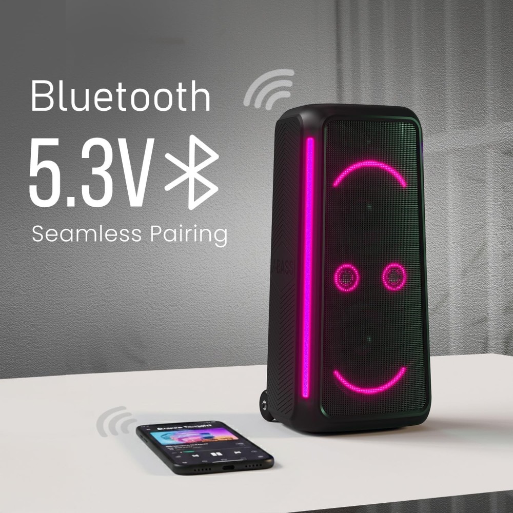 Portronics 250W Iron Beats 5 Prime Wireless Wheeled Party Speaker with Upto 6 Hours Playtime & Wireless Karaoke UHF Mic, Dual 8 Inch Subwoofer, Smiley LED Lights, Bass Boost Technology (Black)