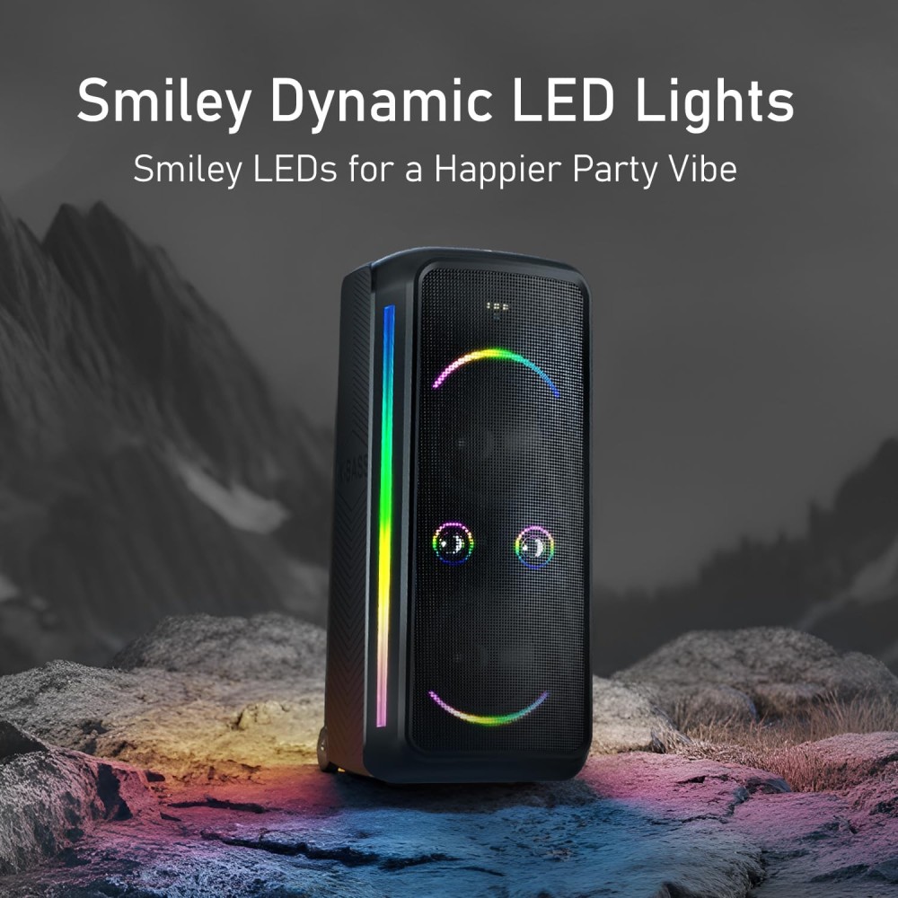 Portronics 250W Iron Beats 5 Prime Wireless Wheeled Party Speaker with Upto 6 Hours Playtime & Wireless Karaoke UHF Mic, Dual 8 Inch Subwoofer, Smiley LED Lights, Bass Boost Technology (Black)