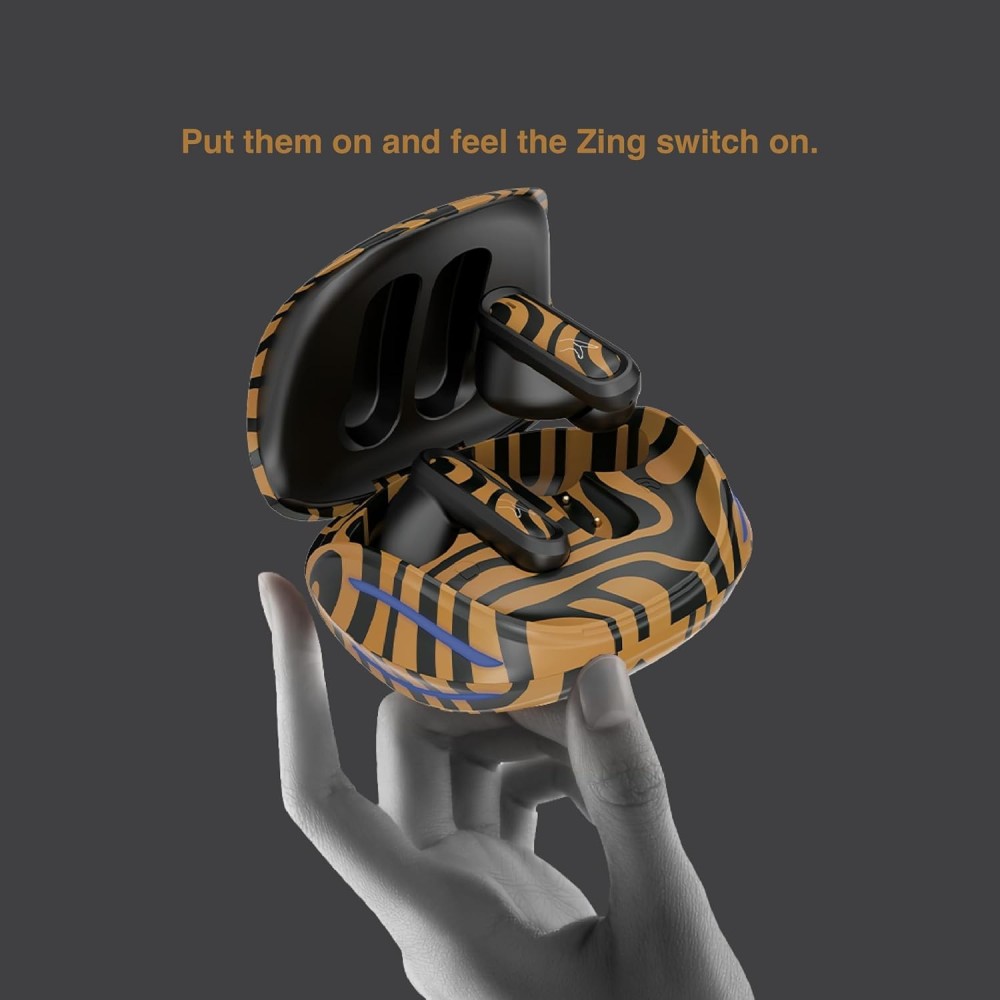 FINGERS Go-Zing M6 TWS Earbuds (30-Hour Playtime, Dual Mic with SNC™ Noise Cancellation, Fast Charging – 10 mins Quick Charge = 70 mins Playtime & Cool Artistic Printed Design) - Caramel Stri