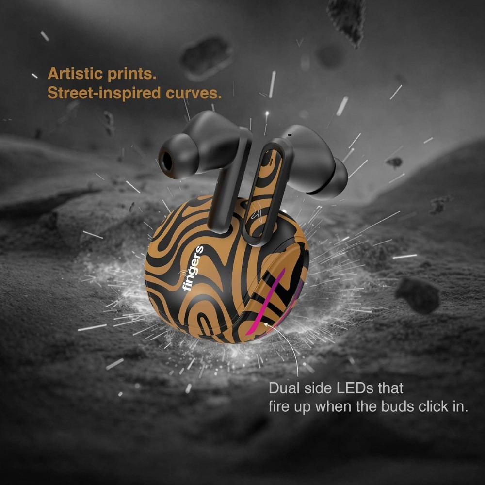 FINGERS Go-Zing M6 TWS Earbuds (30-Hour Playtime, Dual Mic with SNC™ Noise Cancellation, Fast Charging – 10 mins Quick Charge = 70 mins Playtime & Cool Artistic Printed Design) - Caramel Stri
