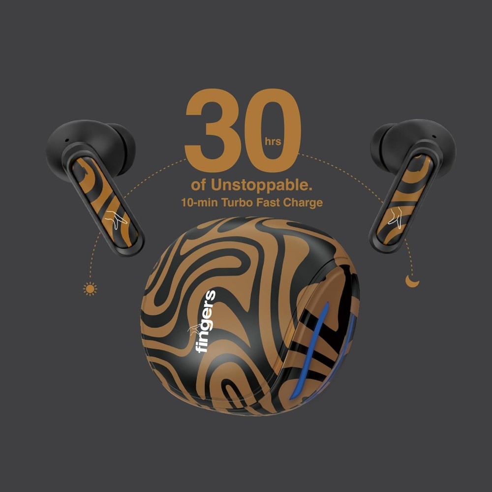 FINGERS Go-Zing M6 TWS Earbuds (30-Hour Playtime, Dual Mic with SNC™ Noise Cancellation, Fast Charging – 10 mins Quick Charge = 70 mins Playtime & Cool Artistic Printed Design) - Caramel Stri