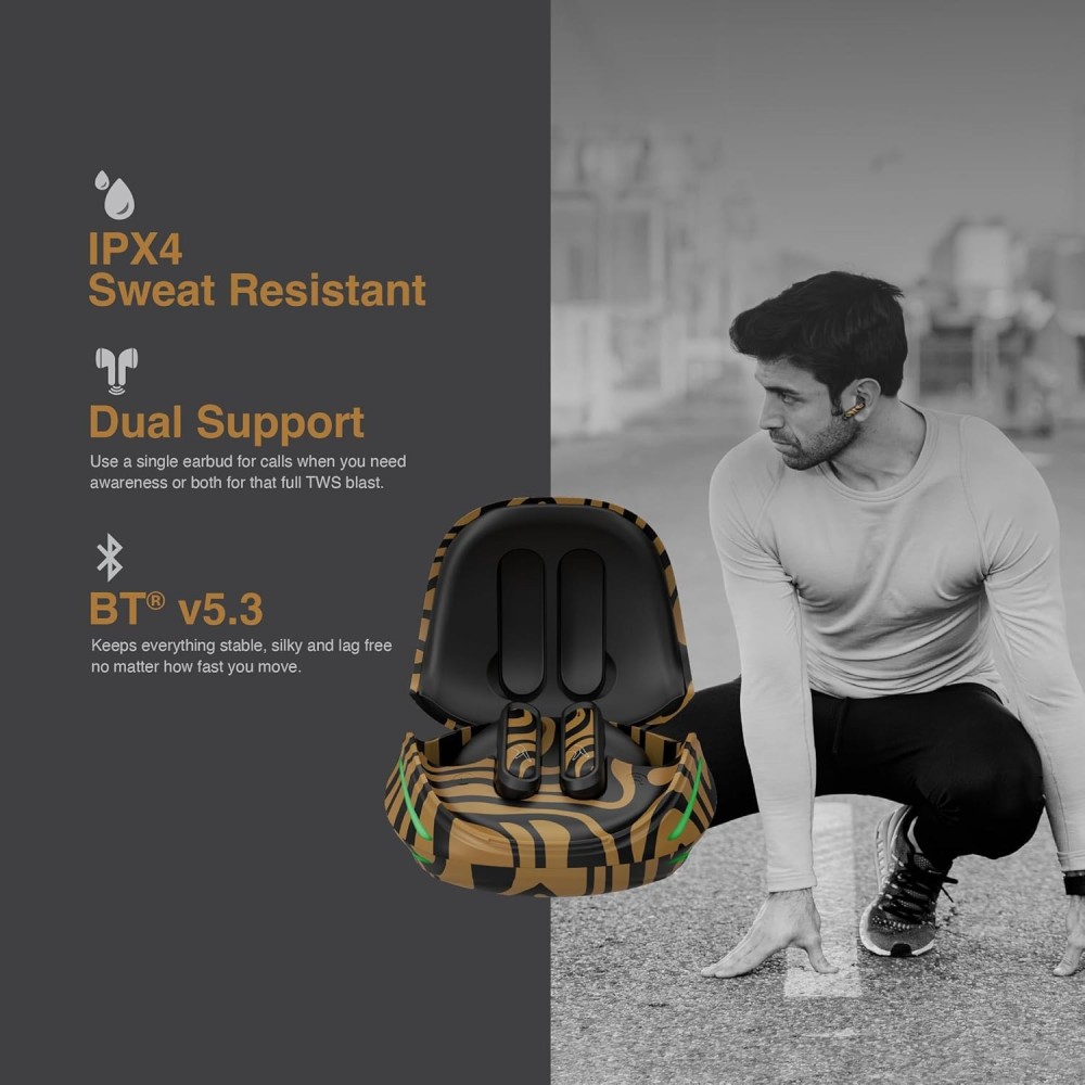 FINGERS Go-Zing M6 TWS Earbuds (30-Hour Playtime, Dual Mic with SNC™ Noise Cancellation, Fast Charging – 10 mins Quick Charge = 70 mins Playtime & Cool Artistic Printed Design) - Caramel Stri