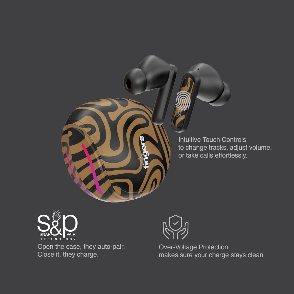 FINGERS Go-Zing M6 TWS Earbuds (30-Hour Playtime, Dual Mic with SNC™ Noise Cancellation, Fast Charging – 10 mins Quick Charge = 70 mins Playtime & Cool Artistic Printed Design) - Caramel Stri
