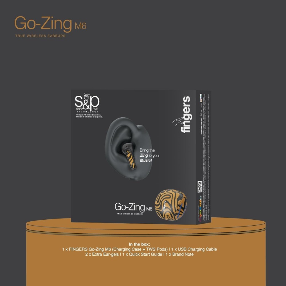 FINGERS Go-Zing M6 TWS Earbuds (30-Hour Playtime, Dual Mic with SNC™ Noise Cancellation, Fast Charging – 10 mins Quick Charge = 70 mins Playtime & Cool Artistic Printed Design) - Caramel Stri