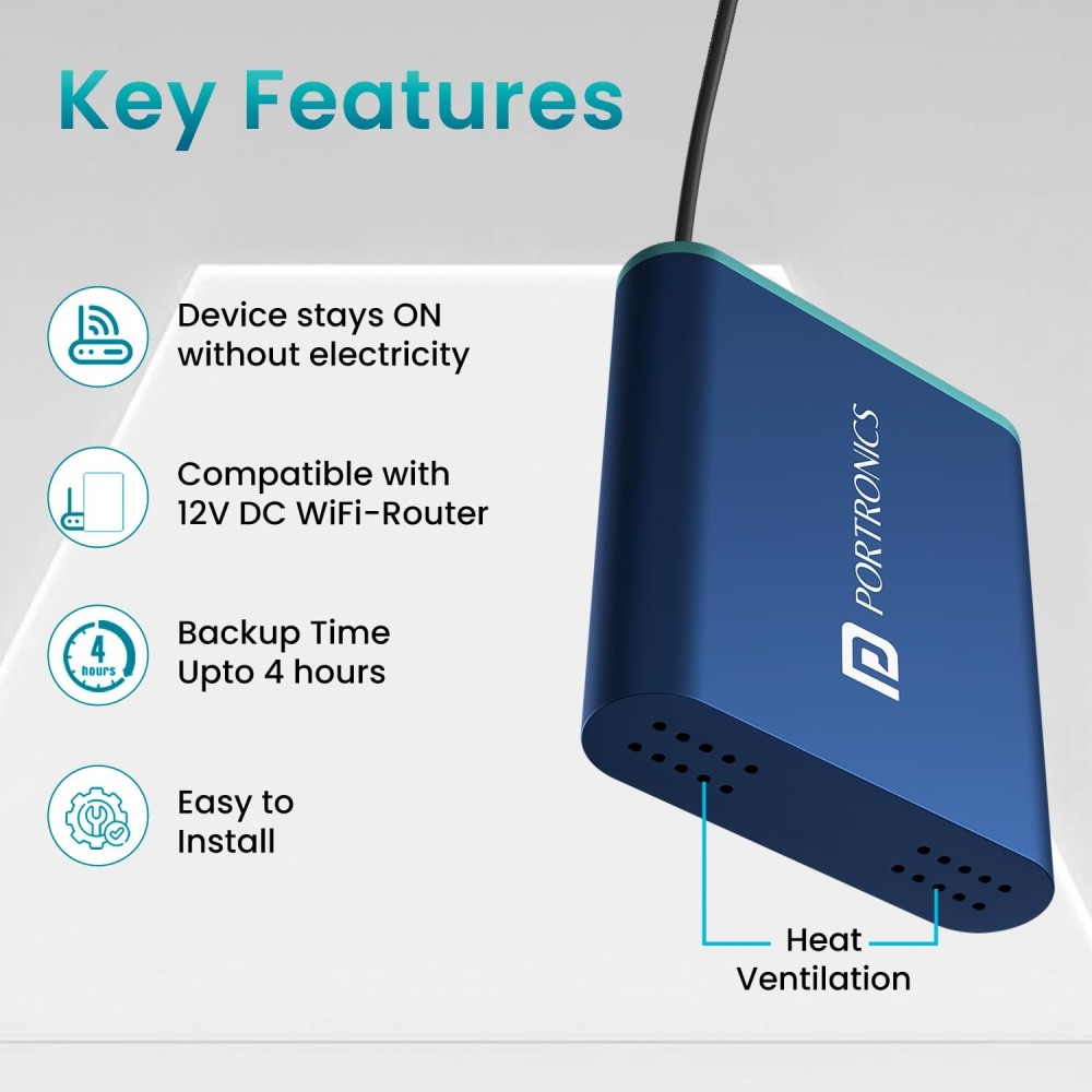 Portronics Power Plus Advanced Mini Router UPS for 12V DC WiFi Router Broadband Modem, Router UPS Power Backup During Power Cuts, Discharge Protection, Portable UPS(Blue)