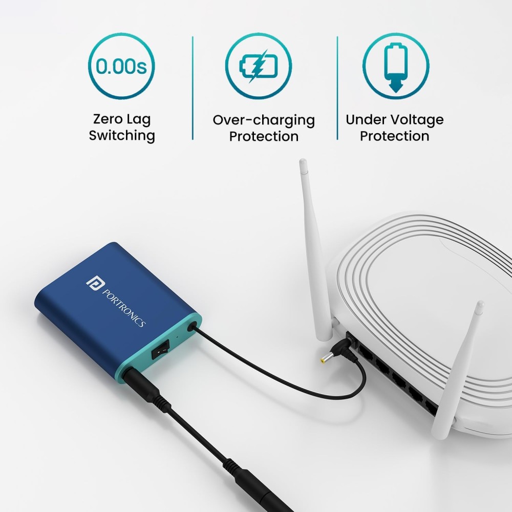 Portronics Power Plus Advanced Mini Router UPS for 12V DC WiFi Router Broadband Modem, Router UPS Power Backup During Power Cuts, Discharge Protection, Portable UPS(Blue)