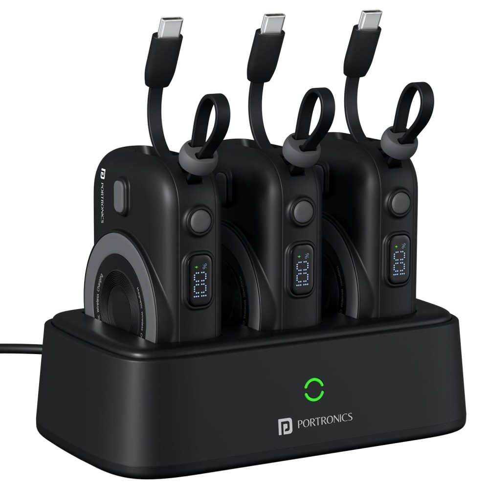Portronics Power Shutter Home 3 x 10000mAh Fast Charging Wireless Powerbank with Charging Station, 22.5W Wired Output, 15W Wireless Output for iPhone 12 & Above, Android & Other Qi Enabled Devices(Black)