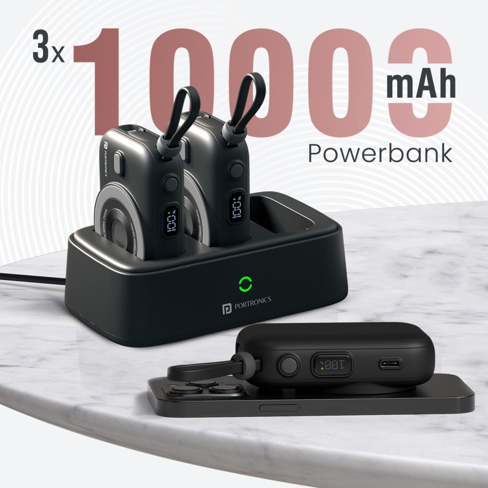 Portronics Power Shutter Home 3 x 10000mAh Fast Charging Wireless Powerbank with Charging Station, 22.5W Wired Output, 15W Wireless Output for iPhone 12 & Above, Android & Other Qi Enabled Devices(Black)