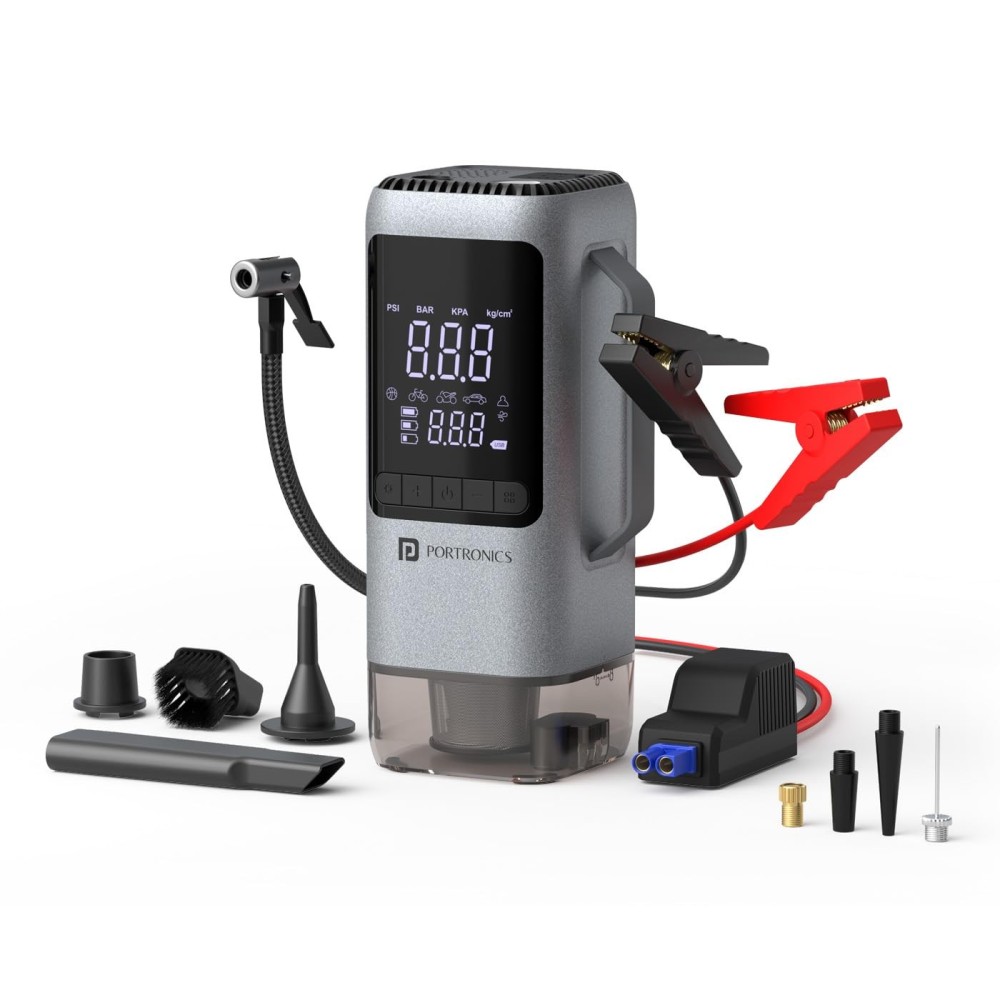 Portronics Vayu Cop 6-in-1 Rechargeable BLDC Car Emergency Kit with 12V Jump Starter, 150 PSI Tyre Inflator, Vacuum Cleaner, Air Blower, LED Flashlight & 5W Power Bank – (Black)