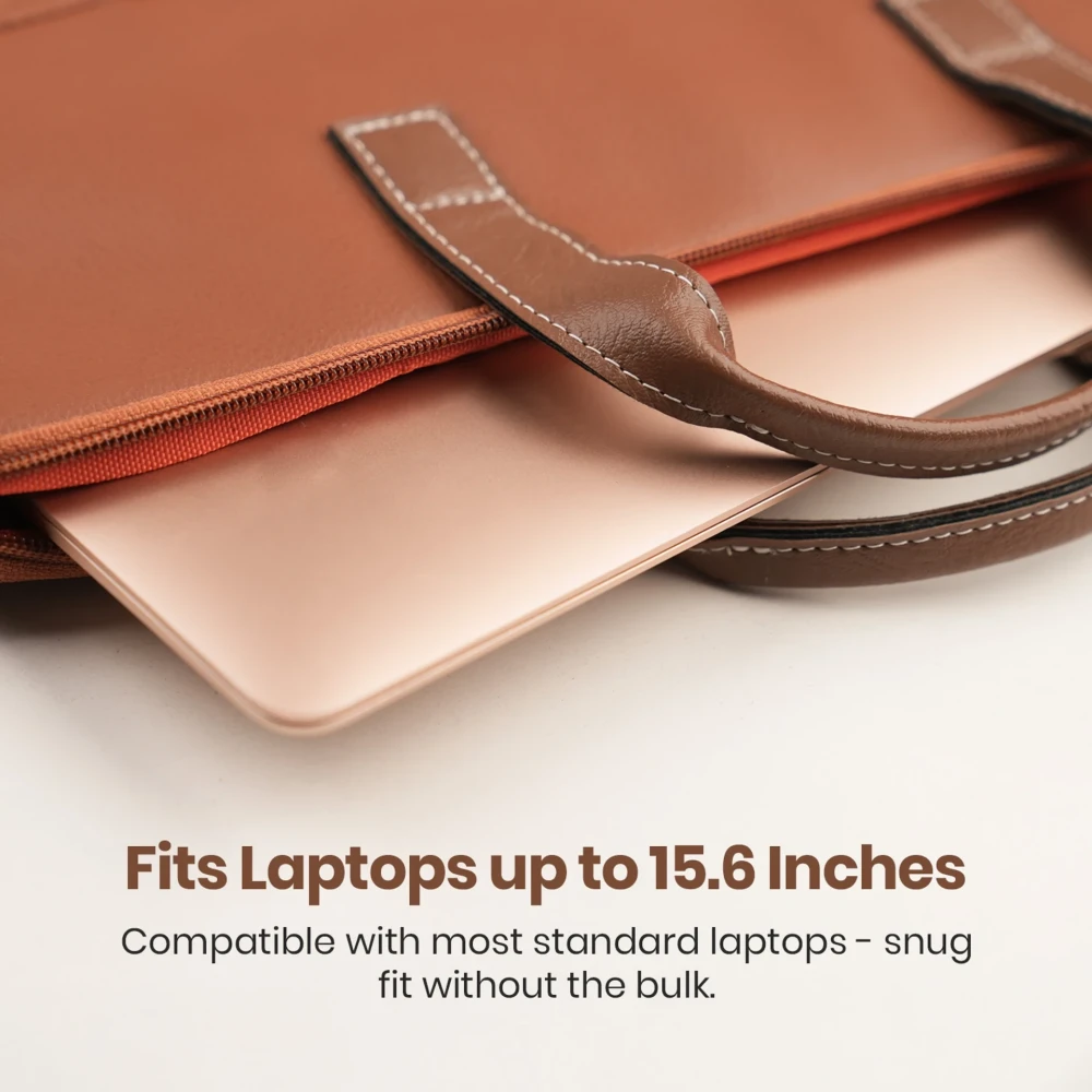 Portronics Encase 104 Laptop Sleeve Bag for 15.6 Inch Laptop, PU Leather Office Bag with Trolley Strap, Handle, Inner Pocket & Accessory Compartments - (Brown)