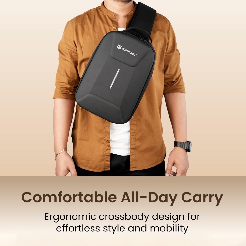 Portronics Byte Mini Unisex Crossbody Sling Bag for Men & Women, Water-Resistant Hard Shell, Fits Up to 13-Inch Devices, Smart Organizer, Lightweight Ergonomic Travel Bag - (Black)