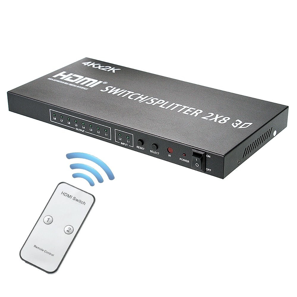 UPORT HDMI 2x8 Matrix Switch Splitter 4K 30Hz, 2 In 8 Out HDMI Switcher with Remote Control