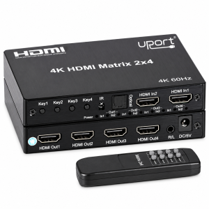UPORT 4K HDMI 2x4 Matrix Switch 4K@60Hz, HDMI 2.0 Video Switcher Splitter with 3.5mm Stereo & Optical Audio Extractor