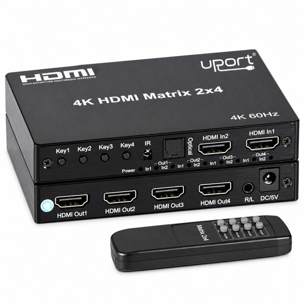 UPORT 4K HDMI 2x4 Matrix Switch 4K@60Hz, HDMI 2.0 Video Switcher Splitter with 3.5mm Stereo & Optical Audio Extractor