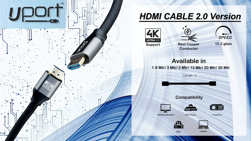 UPORT 15M HDMI 2.0 Cable 4K 60Hz, 18Gbps High Speed Gold Plated HDMI AOC Cable for TV, Projector, Gaming & PC