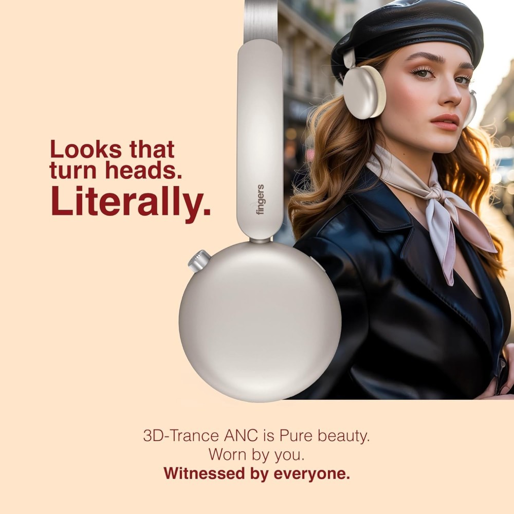 FINGERS 3D-Trance ANC Wireless Headphones (52 dB Deep Active Noise Cancellation, 360° Spatial Sound, 120 Hrs Playtime, 40ms Low Latency, Multi-Point Pairing, Premium Zip Case Bundled), Pearly