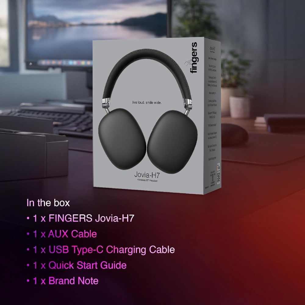FINGERS Jovia-H7 Wireless Over-Ear Headphones (Immersive Bass, Luxe Design, 18-Hour Playtime, Noise-Isolating Fit, Bluetooth® | FM Radio | MicroSD | AUX, Made in India) - Gentle Grey