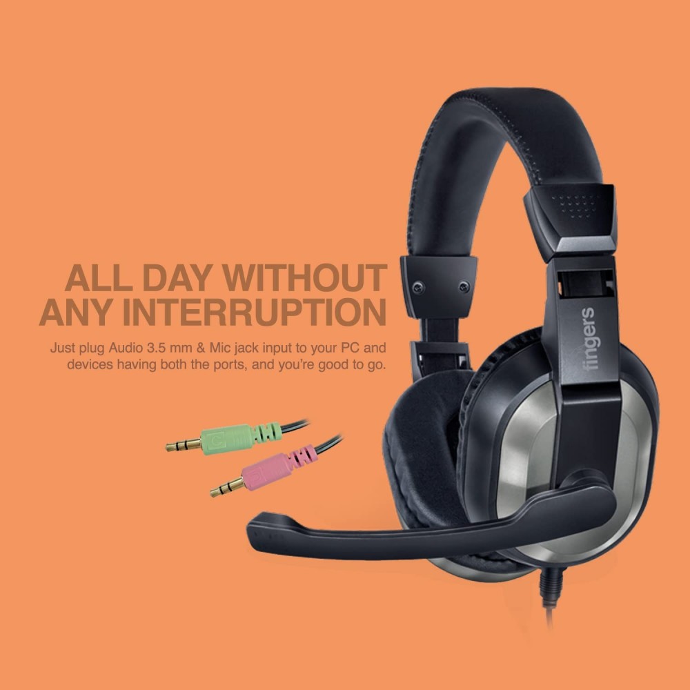 FINGERS F10 Wired Headphone On-Ear with Built-in Adjustable Mic (Crystal Clear Sound, 40 mm Powerful Drivers, Dual 3.5 mm Connectors for Laptops/PCs) - Black + Slate Grey