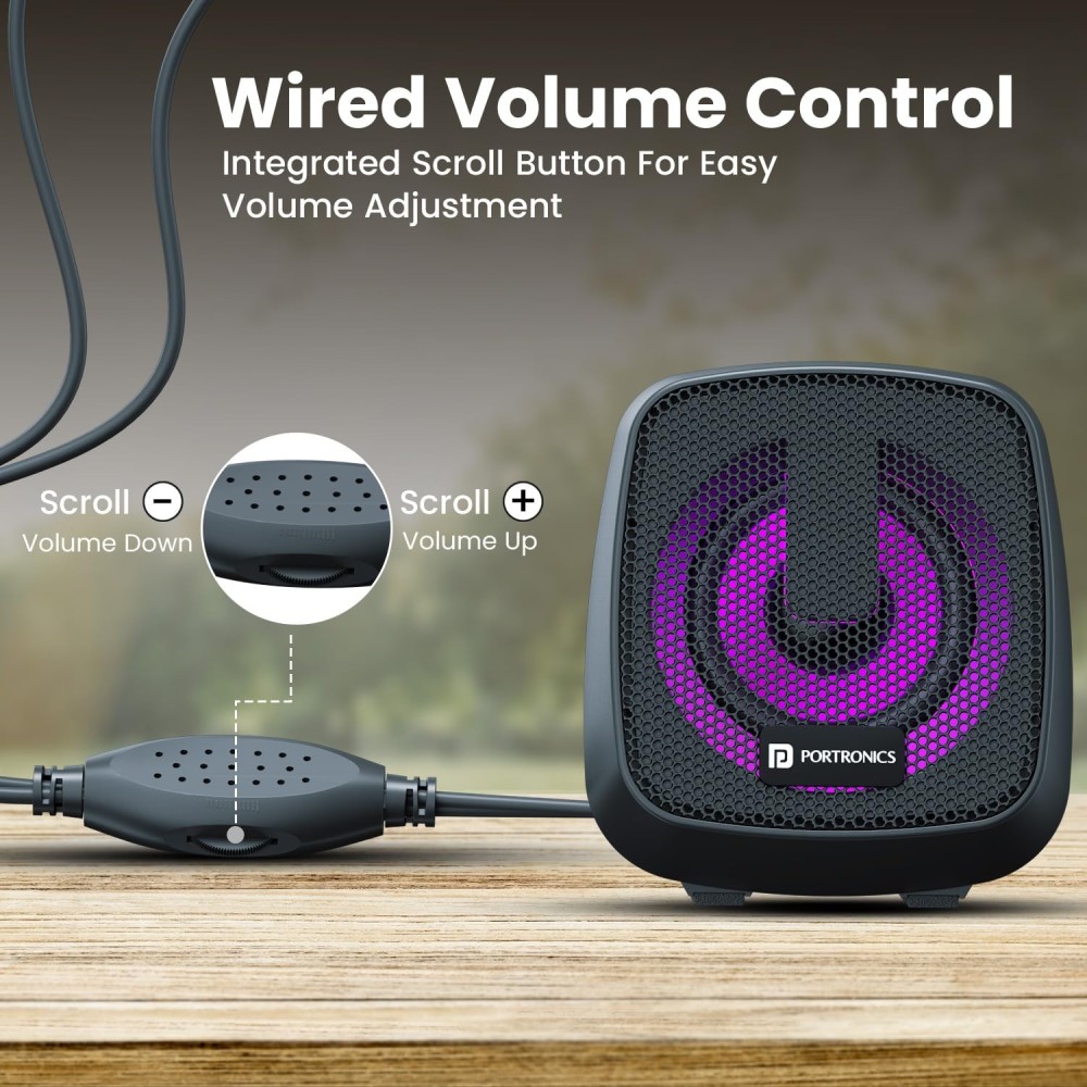 Portronics 6W in Tune 6 HD Sound 2.0 Channel Portable Desktop PC Speaker, 3.5mm Audio Jack, Volume Scroll Button, Multimedia Speaker, RGB LED Lights, Metal Mesh, USB Powered (Black)