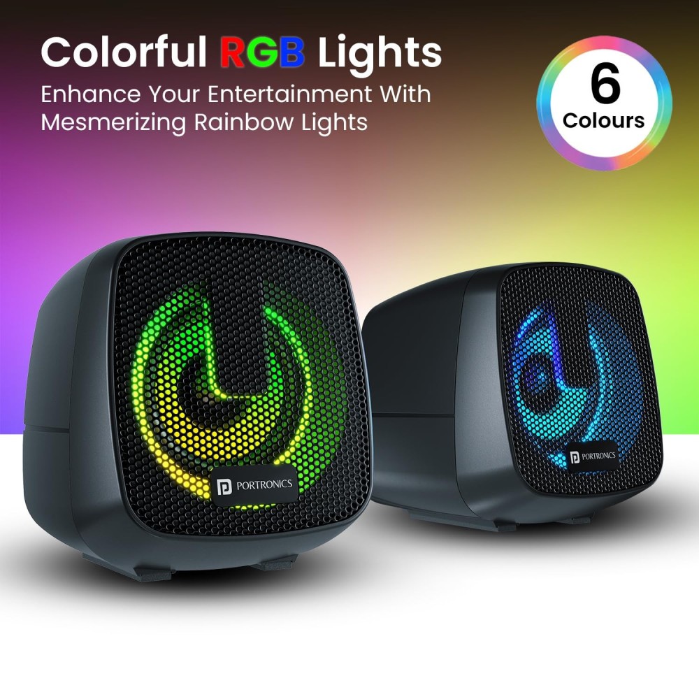 Portronics 6W in Tune 6 HD Sound 2.0 Channel Portable Desktop PC Speaker, 3.5mm Audio Jack, Volume Scroll Button, Multimedia Speaker, RGB LED Lights, Metal Mesh, USB Powered (Black)