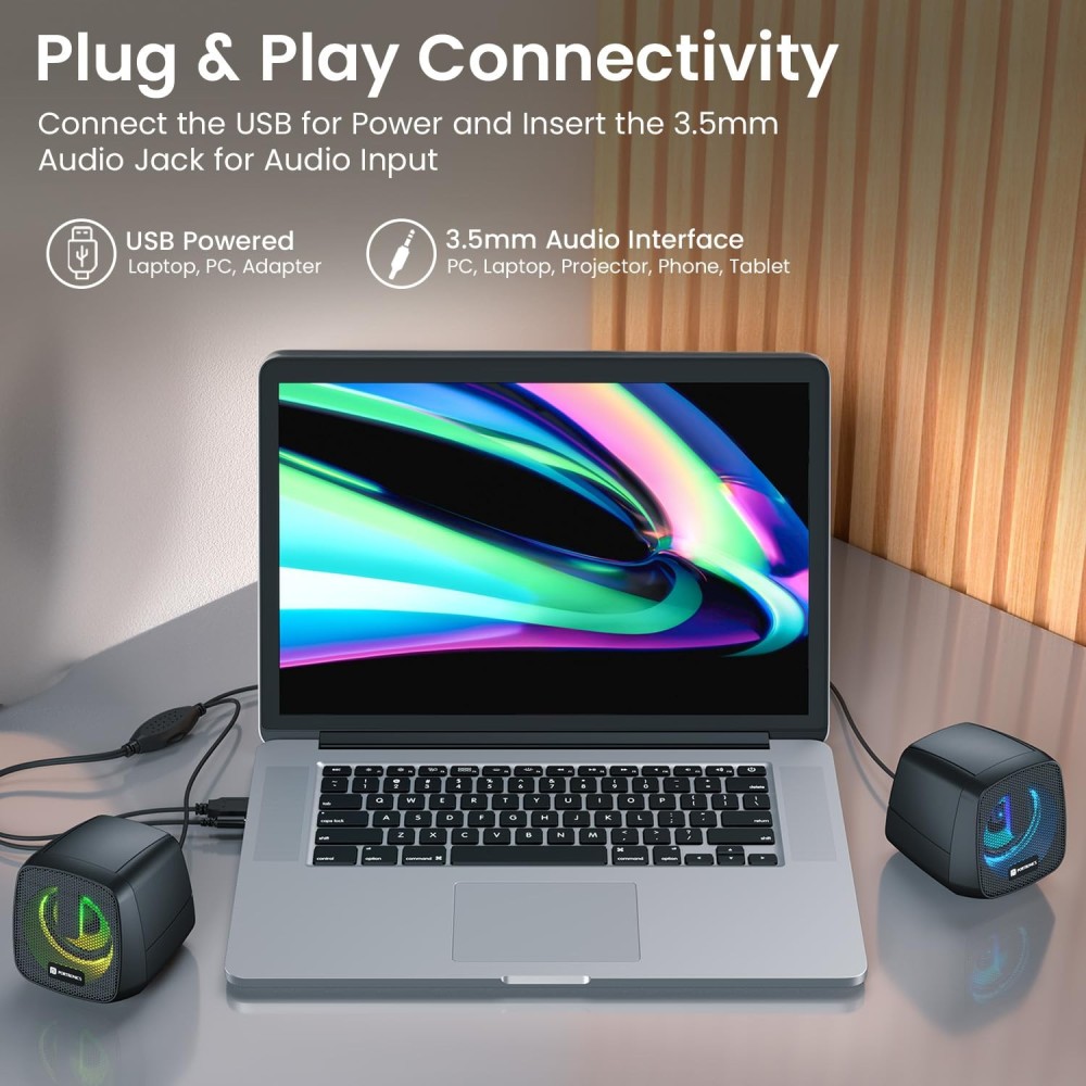 Portronics 6W in Tune 6 HD Sound 2.0 Channel Portable Desktop PC Speaker, 3.5mm Audio Jack, Volume Scroll Button, Multimedia Speaker, RGB LED Lights, Metal Mesh, USB Powered (Black)
