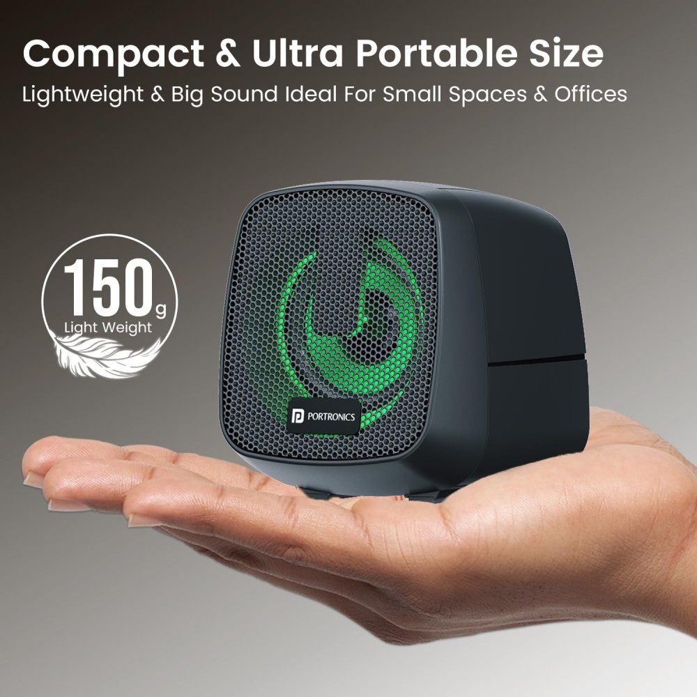 Portronics 6W in Tune 6 HD Sound 2.0 Channel Portable Desktop PC Speaker, 3.5mm Audio Jack, Volume Scroll Button, Multimedia Speaker, RGB LED Lights, Metal Mesh, USB Powered (Black)