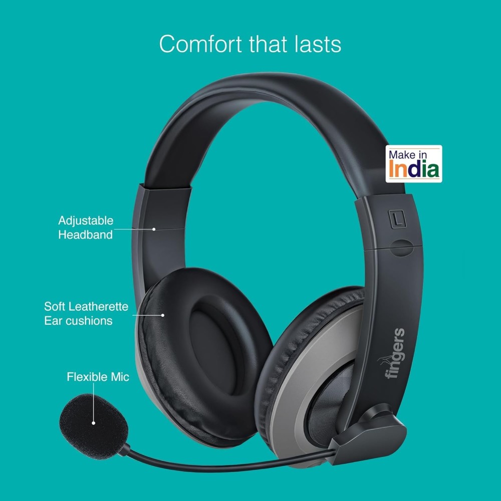 FINGERS USB-Meet H2 Wired Headphones with Mic (USB Plug & Play, 40 mm Drivers, Noise-Isolating Mic, Lightweight & Comfortable Fit) – Rich Black