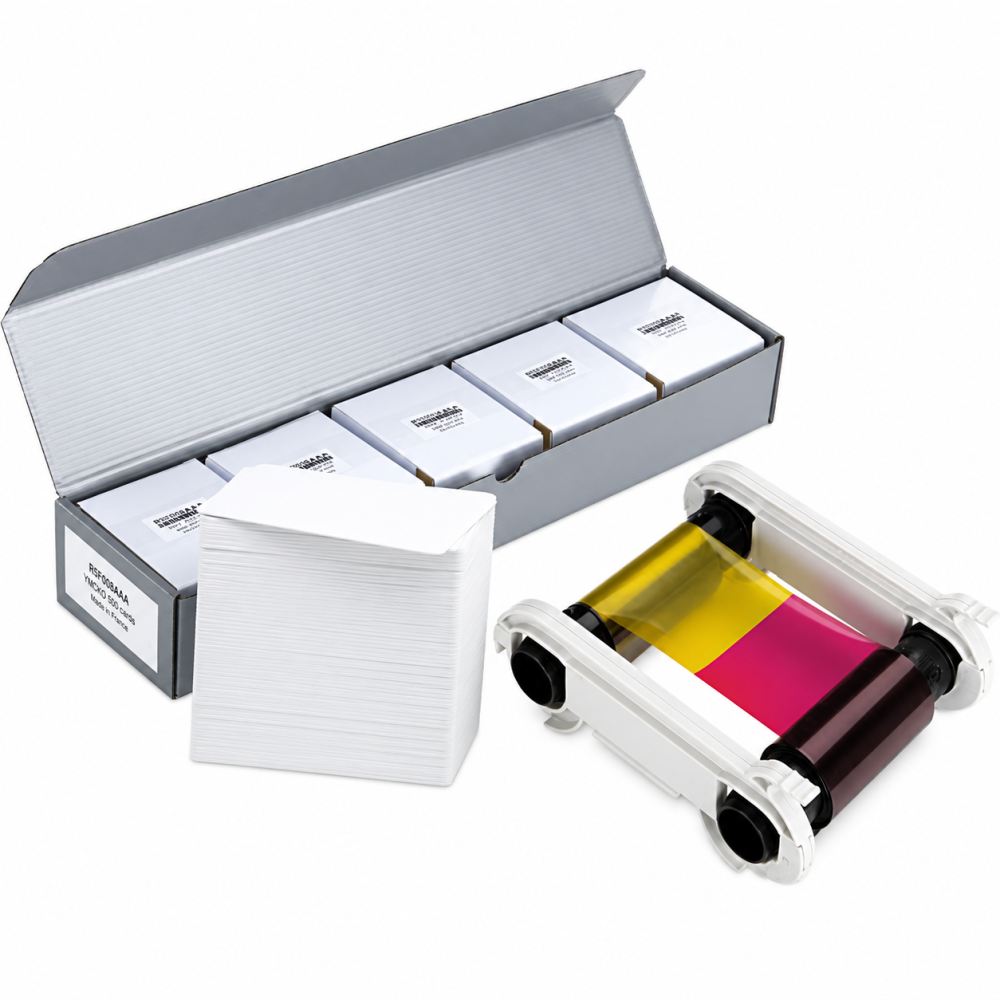 Evolis R5F008AAA YMCKO Color Ribbon with 500 PVC Cards for Evolis ID Card Printers | Genuine OEM Full-Color Printing Kit