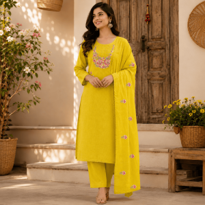 Beautiful Designer Yellow 3 Piece Ethnic Suit Set for Women | Premium Kota Cotton Embroidered Kurta with Cotton Lining, Free Size Bottom & Embroidered Kota Cotton Dupatta