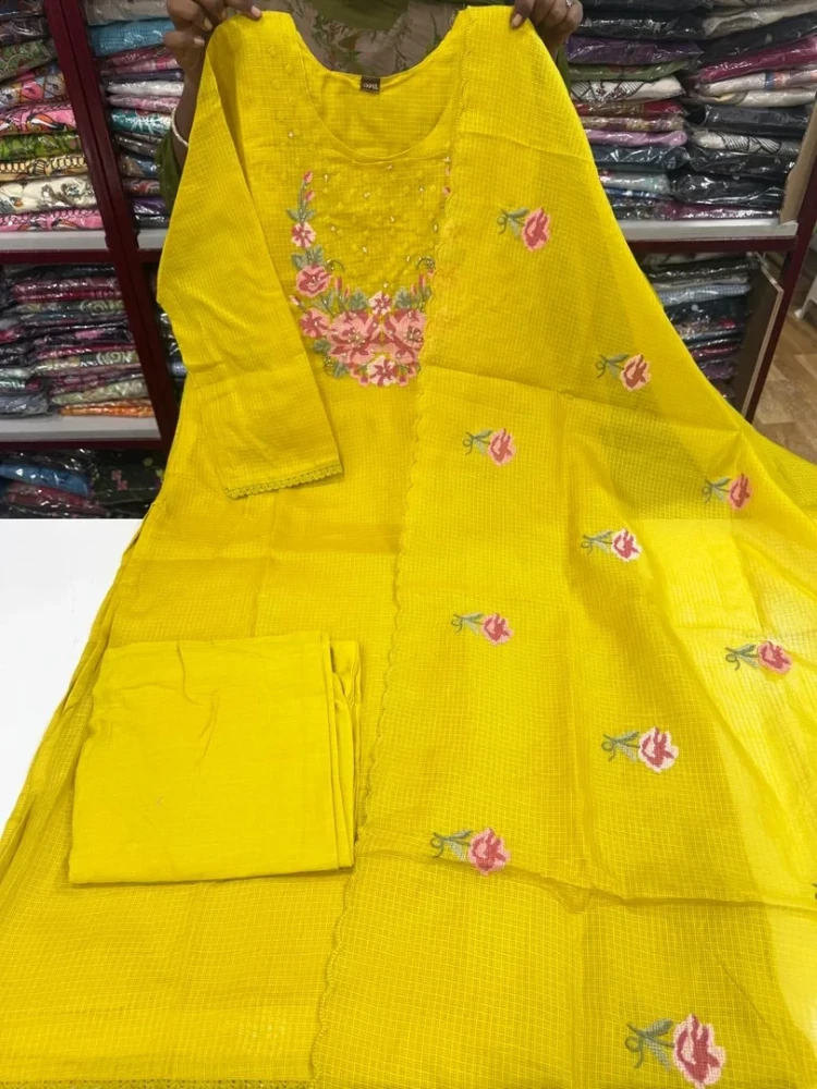 Beautiful Designer Yellow 3 Piece Ethnic Suit Set for Women | Premium Kota Cotton Embroidered Kurta with Cotton Lining, Free Size Bottom & Embroidered Kota Cotton Dupatta