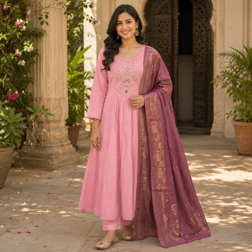 Beautiful Designer Plus Size Peach Pink 3 Piece Ethnic Suit Set with Embroidered Kurta, Solid Bottom & Mauve Jacquard Dupatta for Women – (CMHT0513)
