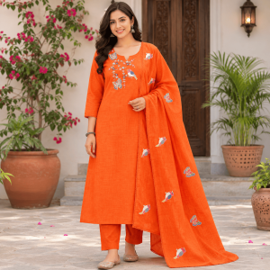 Beautiful Orange 3 Piece Ethnic Suit Set for Women | Premium Kota Cotton Embroidered Kurta, Free Size Bottom & Embroidered Kota Cotton Dupatta