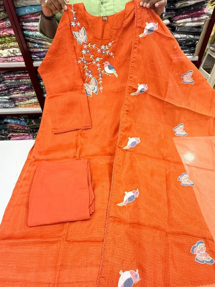 Beautiful Orange 3 Piece Ethnic Suit Set for Women | Premium Kota Cotton Embroidered Kurta, Free Size Bottom & Embroidered Kota Cotton Dupatta