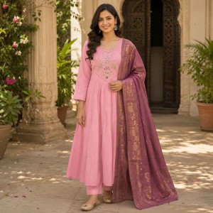 Beautiful Designer Plus Size Peach Pink 3 Piece Ethnic Suit Set with Embroidered Kurta, Solid Bottom & Mauve Jacquard Dupatta for Women – (CMHT0513)