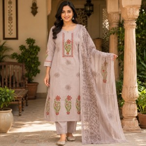 Beautiful Lite Plus Size Light Beige Designer Cotton 3 Piece Suit Set for Women with Floral Printed Kurta, Solid Bottom & Printed Dupatta – (CMHT0519)