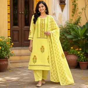 Beautiful Lite Plus Size Light Lemon Yellow Designer Cotton 3 Piece Suit Set for Women with Floral Printed Kurta, Solid Bottom & Printed Dupatta – (CMHT0521)