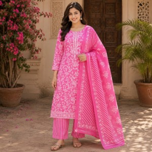 Beautiful Plus Size Baby Pink Cotton 3 Piece Suit Set for Women with Floral Printed Kurta, Striped Bottom & Matching Dupatta – (CMHT0205)
