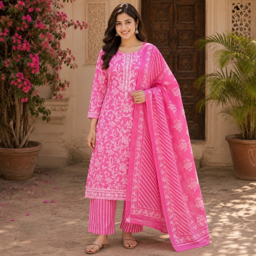 Beautiful Plus Size Baby Pink Cotton 3 Piece Suit Set for Women with Floral Printed Kurta, Striped Bottom & Matching Dupatta – (CMHT0205)