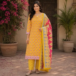 Beautiful Plus Size Mustard Yellow Printed 3 Piece Kurta Set for Women with Striped Pants & Designer Dupatta - (CMHT0209)