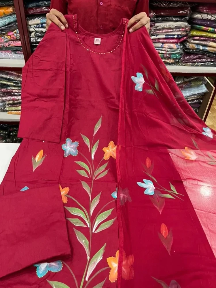 Beautiful Maroon Brush Paint 3 Piece Kurta Set for Women with Hand-Painted Floral Design & Matching Dupatta - (CMHT0461)