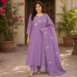 Beautiful Dark Lavender Premium Kota Cotton Embroidered 3 Piece Kurta Set with Dupatta for Women