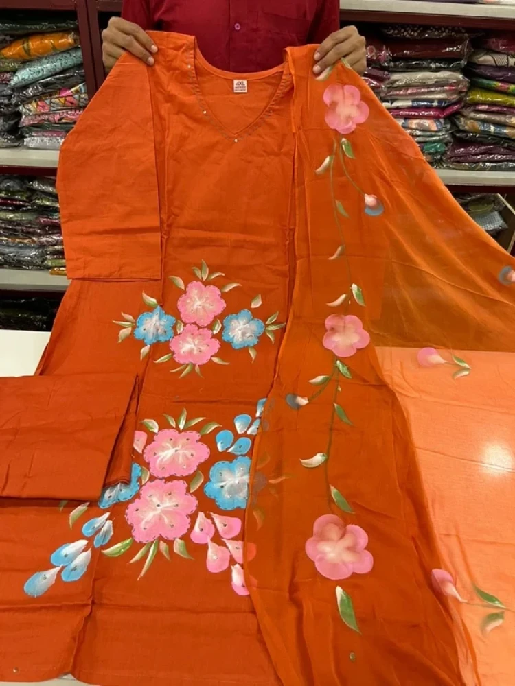 Beautiful Orange Brush Paint 3 Piece Kurta Set for Women with Hand-Painted Floral Design & Matching Dupatta - (CMHT0463)