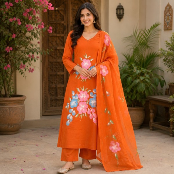 Beautiful Orange Brush Paint 3 Piece Kurta Set for Women with Hand-Painted Floral Design & Matching Dupatta - (CMHT0463)