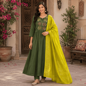 Beautiful Designer Plus Size Dark Green Mul Chanderi 3 Piece Suit Set for Women with Handwork, A-Line Kurta, Free Size Bottom & Contrast Banarasi Dupatta | Ethnic Party Wear Salwar Suit