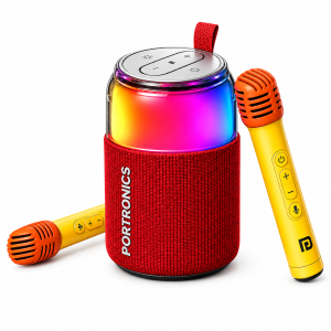 Portronics Talk Six 10W Can-Shaped Portable Bluetooth Speaker with Dual Wireless Karaoke Mics, 4 Hours Playtime, 360° RGB LED Lights, Bluetooth 5.3, USB-A Input & Type-C Charging – (Red)