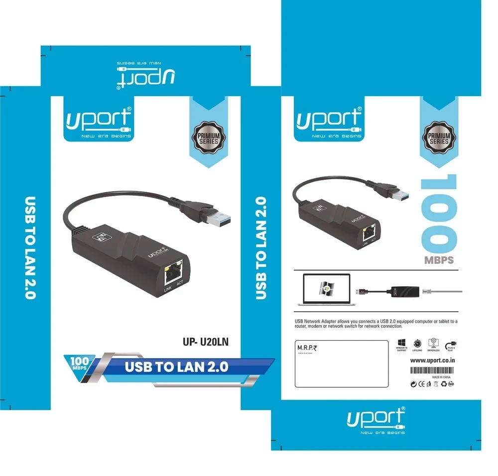 UPORT USB to Ethernet Adapter 2.0, 10/100 Mbps LAN Converter with RJ45 Network Port for PC & Laptop - (Black)