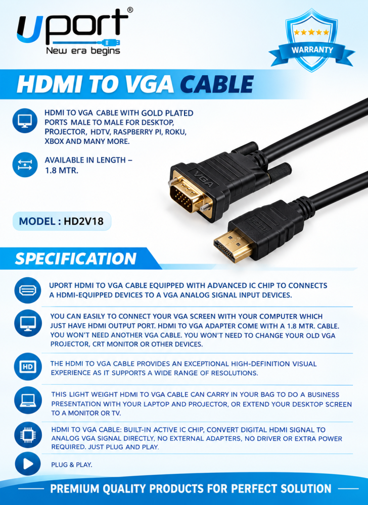 UPORT HDMI to VGA Cable 1.8M, 1080p HD Video Adapter for Computer, Laptop, PC to Projector - (Black)