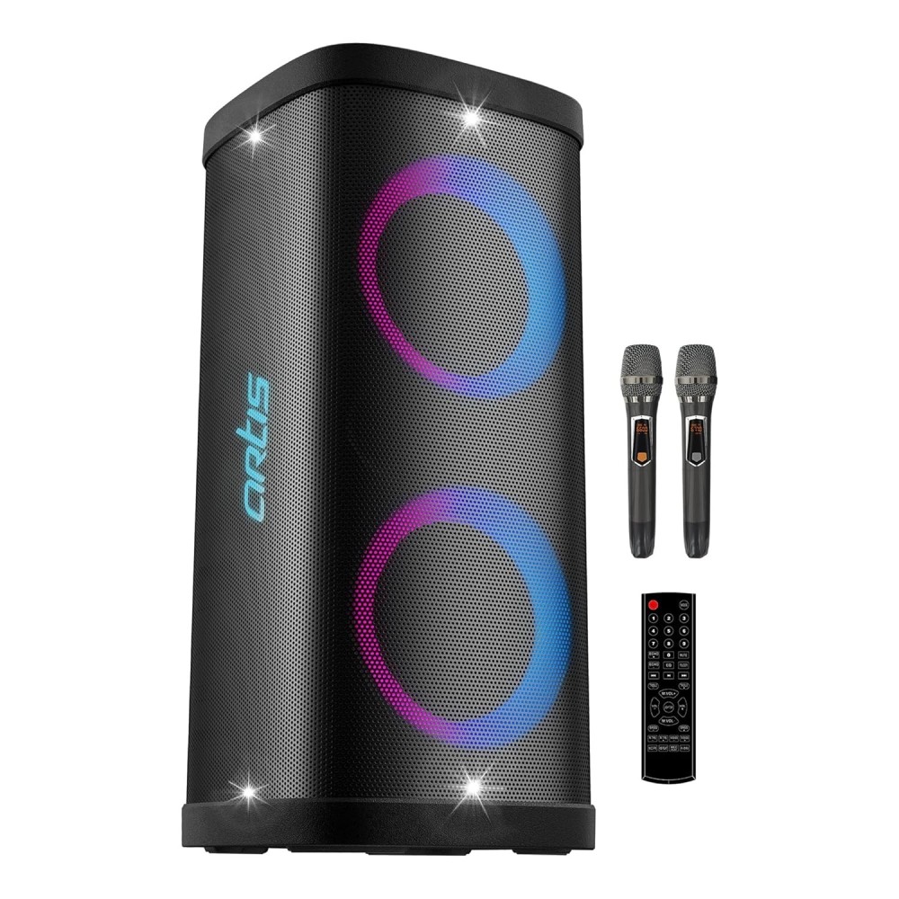 Artis BT808 80W Wireless Bluetooth Party Speaker with FM/USB/Aux in/Mobile Stand & 2X UHF Wireless Mic.